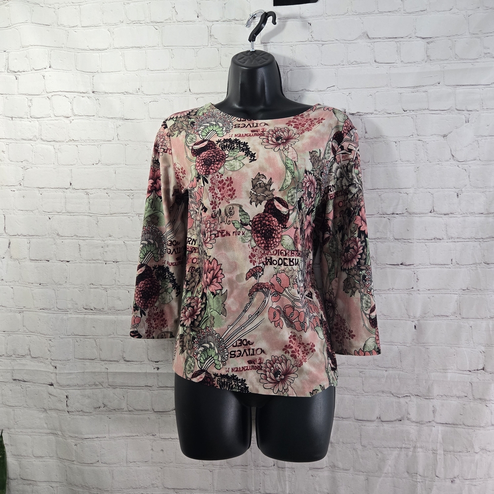 JM COLLECTION Vtg y2k euro fairy top floral paisley red pink euro written sz L